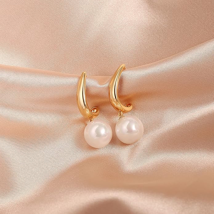 Gold Plated Huggie Hoop Earrings with Charms Fashion Pearl Drop Dangle Earrings for Women Handmade Karma Circle Jewelry for Ladies Lightweight Pearl Earrings on Christmas