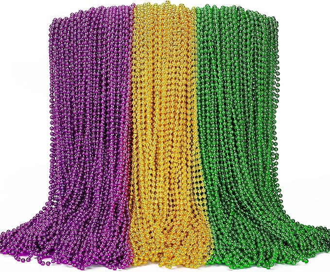 100PCS Mardi Gras Beads, Green Purple Gold Metallic Mardi Gras Beads Necklaces Accessories Bulk, Mardi Gras Carnival Beads Necklace Accessories for Parade Throws Party Decorations Supplies Favors